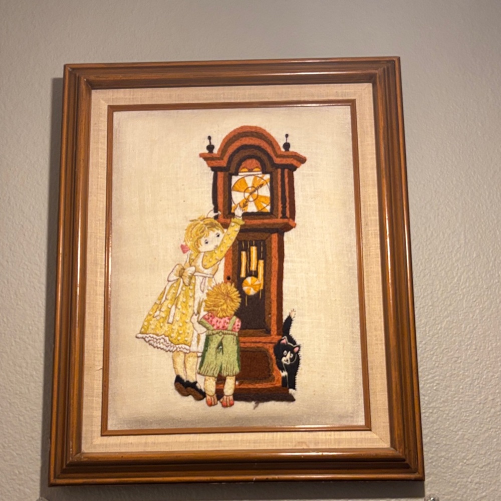 Holly Hobbie Grandfathers Clock needlework 80s with frame